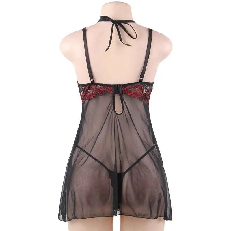 Black and red plus size transparent mesh sling nightdress with sheer fabric, red lace trim, and adjustable straps