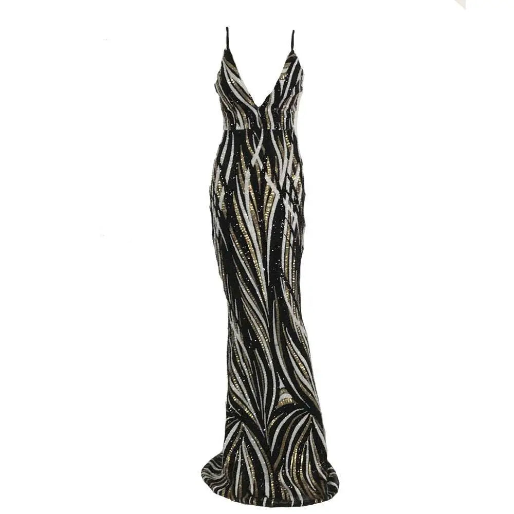 Black and silver sequined mermaid evening dress with thin spaghetti straps for elegant formal occasions