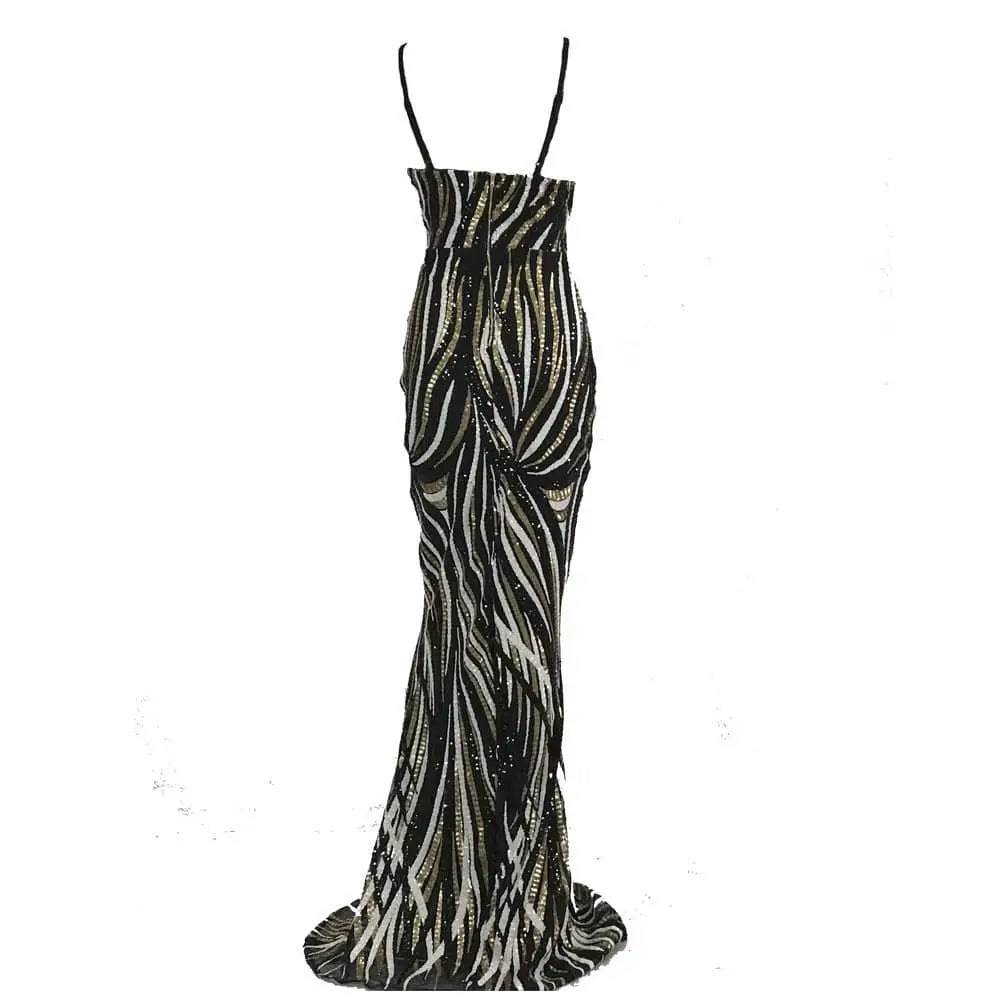 Black and silver sequined mermaid evening dress with thin spaghetti straps for elegant formal occasions
