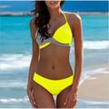 Bright yellow and gray two-piece bikini summer swimsuit women with halter top featuring a cross-over design