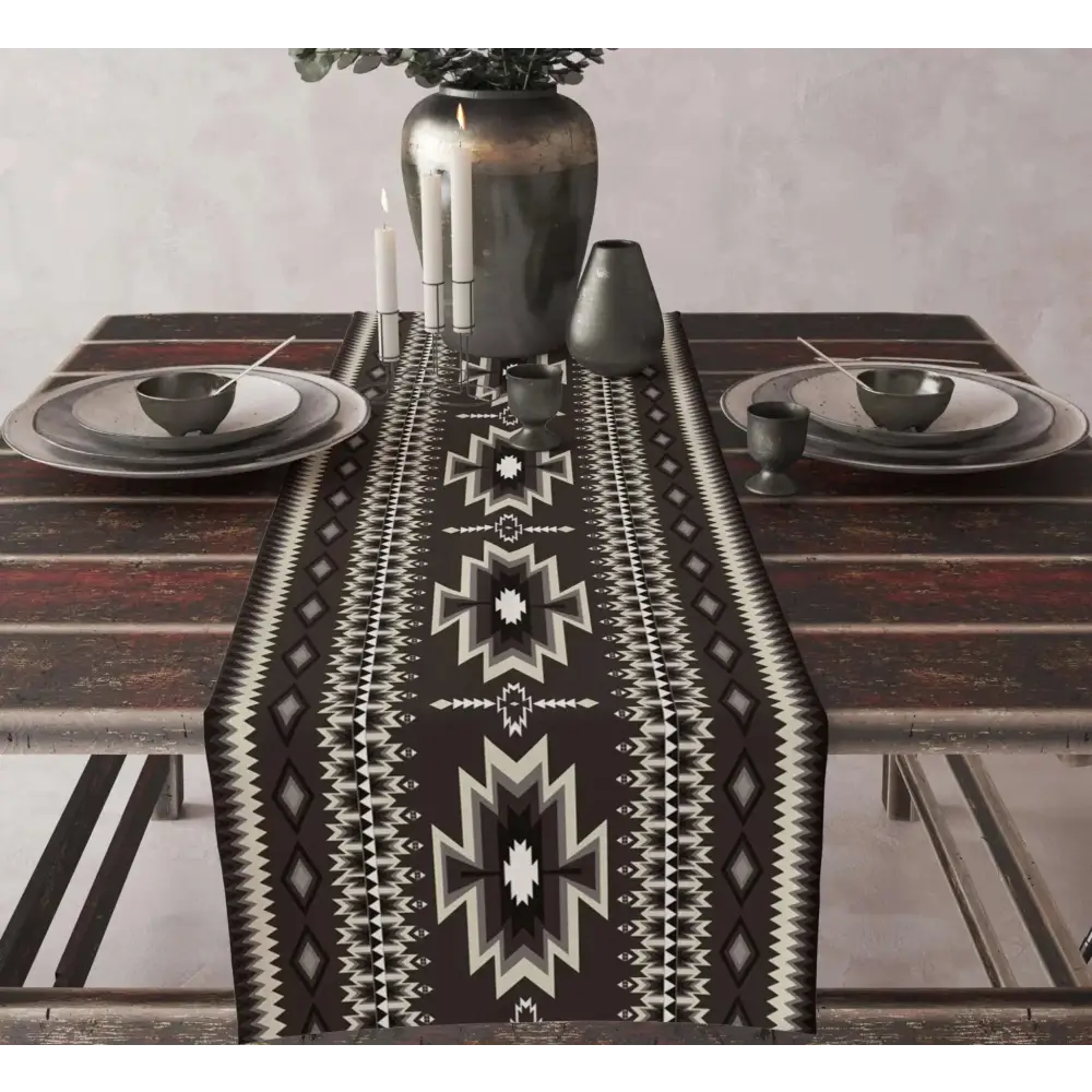 Black and white aztec table runner 13x90in with geometric star-like motifs and bold symmetrical design