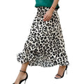 Black and white leopard print elastic a line skirt with lightweight fabric and a flowing flared hem midi length