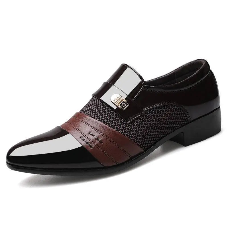 Black and white mesh patent leather shoes featuring black and brown patent leather with mesh paneling and metallic buckle