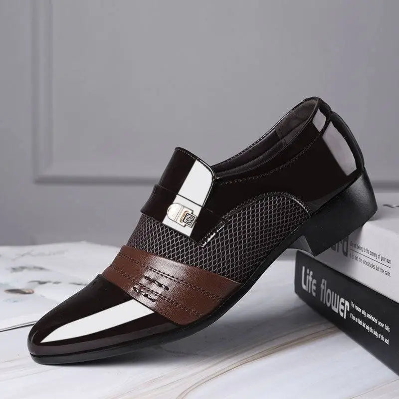 Black and brown patent leather shoes featuring white mesh patent panel, stripe accent, and silver buckle detail