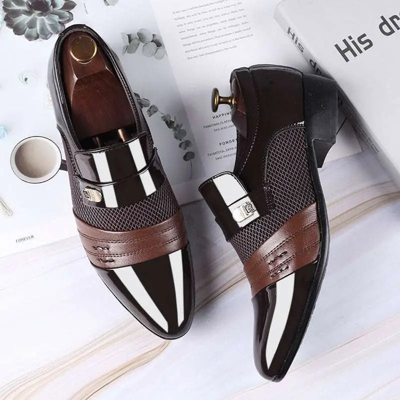 Black and white mesh patent leather shoes featuring black and white patent leather with gold-tone buckle accents