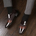 Black and white mesh patent leather shoes featuring glossy dark brown and white two-tone design with leather accents