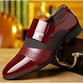 Polished burgundy patent leather shoes featuring white mesh panel and silver buckle for formal occasions