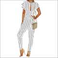 Black and white striped jumpsuit with flutter sleeves and backless design featuring a tie detail and vertical striped pattern