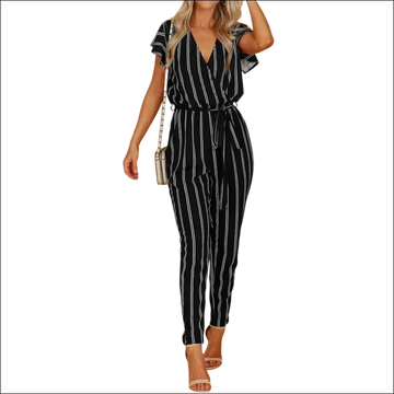 Black and white striped jumpsuit with short flutter sleeves and self-tie waist featuring a striped pattern design
