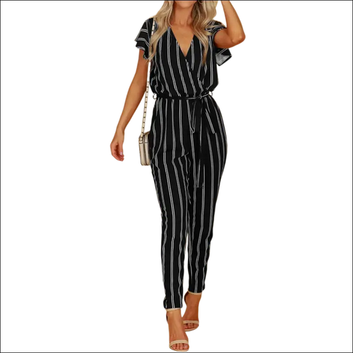 Black and white striped jumpsuit with short flutter sleeves and self-tie waist featuring a striped pattern design