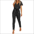 Black and white striped jumpsuit with vertical striped pattern short flutter sleeves and self-tie belt design