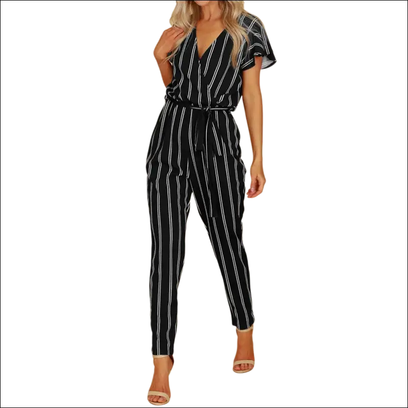 Black and white striped jumpsuit with vertical striped pattern short flutter sleeves and self-tie belt design