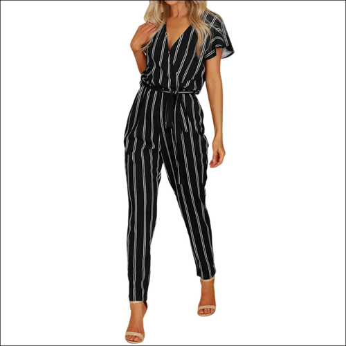 Black and white striped jumpsuit with vertical striped pattern short flutter sleeves and self-tie belt design