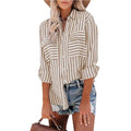 Beige and white vertical stripe shirt with chest pockets and rolled sleeves for luxury women’s fashion