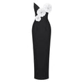 Elegant black backless bandage gown with bandage chest white and three large white floral appliqués with rhinestones