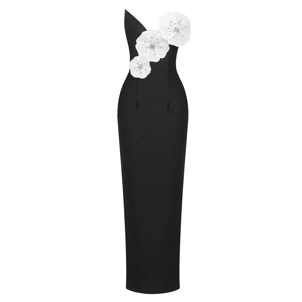 Elegant black backless bandage gown with bandage chest white and three large white floral appliqués with rhinestones
