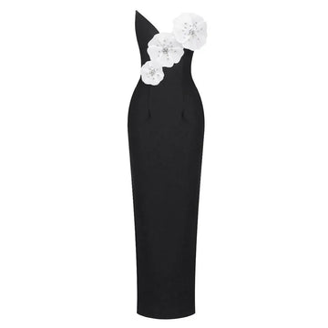 Elegant black backless bandage gown with bandage chest white and three large white floral appliqués with rhinestones