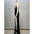 Black velvet featuring a black bandeau hot drilling long dress with sparkling silver bust embellishment and high slit