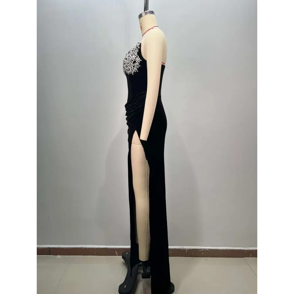 Black velvet featuring a black bandeau hot drilling long dress with sparkling silver bust embellishment and high slit