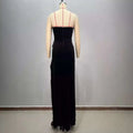 Black bandeau hot drilling long dress in black velvet featuring a strapless fitted bodice and high slit design