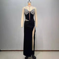 Black bandeau hot drilling long dress in black velvet featuring silver beaded bust embellishments and a high slit