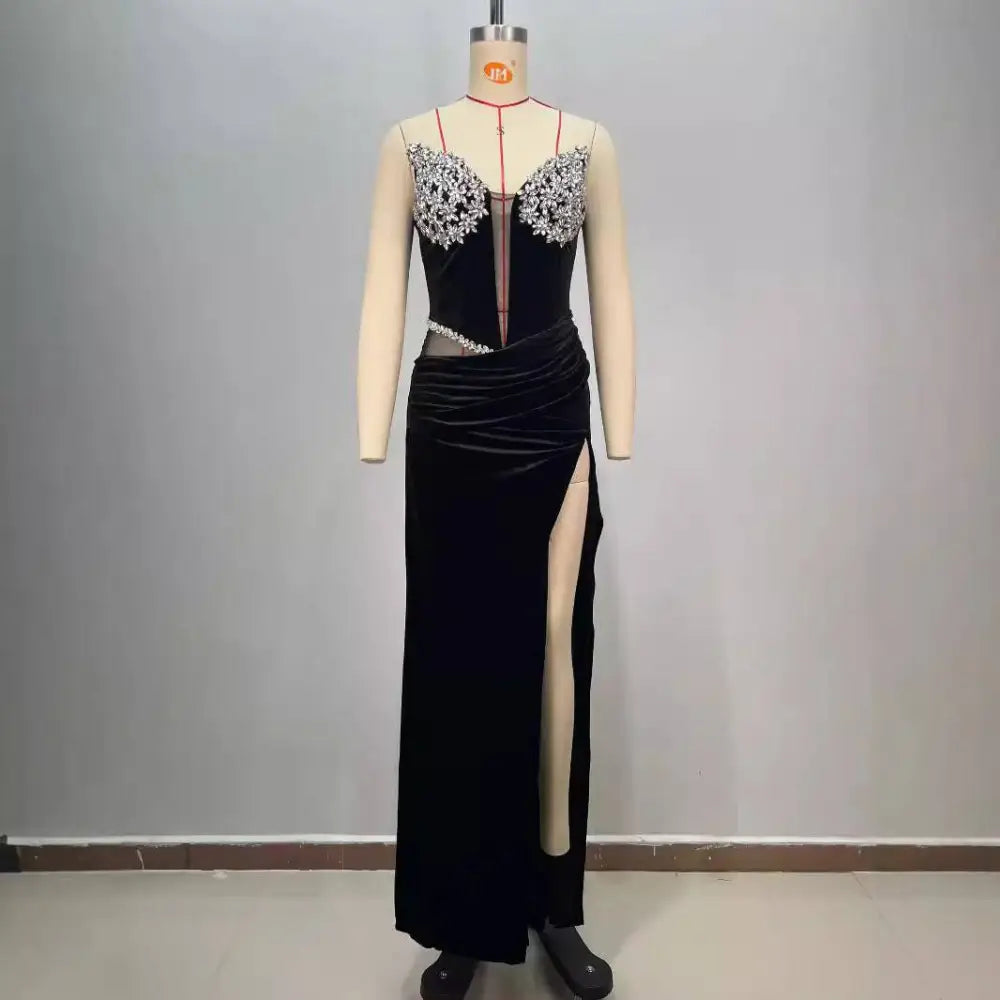 Black bandeau hot drilling long dress in black velvet featuring silver beaded bust embellishments and a high slit