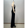 Black bandeau hot drilling long dress black velvet featuring silver beaded floral bodice and sheer mesh waist panel