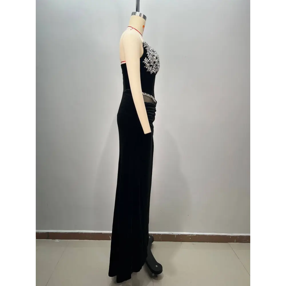 Black bandeau hot drilling long dress black velvet featuring silver beaded floral bodice and sheer mesh waist panel