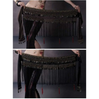 Black beaded belly dance waist scarf adorned with metallic coins beads and red tassels for belly dance use