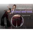 Black beaded belly dance waist scarf with tribal tassel row spike chain in deep maroon black and metallic coins beads