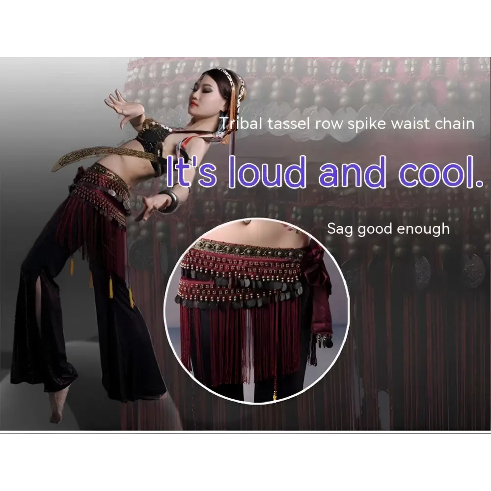Black beaded belly dance waist scarf with tribal tassel row spike chain in deep maroon black and metallic coins beads