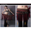 Maroon and black beaded belly dance waist scarf with metallic coins beads fringe tassels and velvet bow adornment