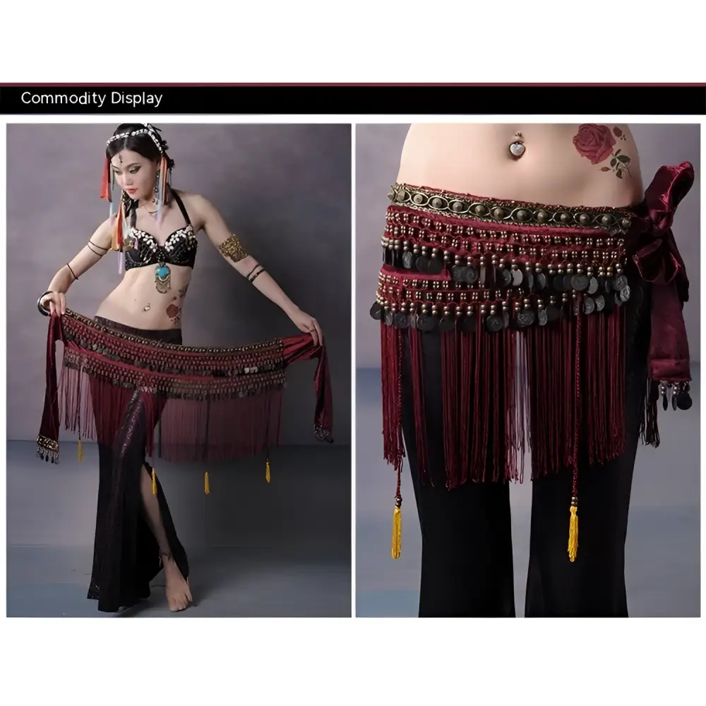 Maroon and black beaded belly dance waist scarf with metallic coins beads fringe tassels and velvet bow adornment
