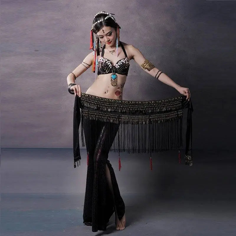 Black beaded belly dance waist scarf with metallic coins beads fringe and red tassels for belly dance use