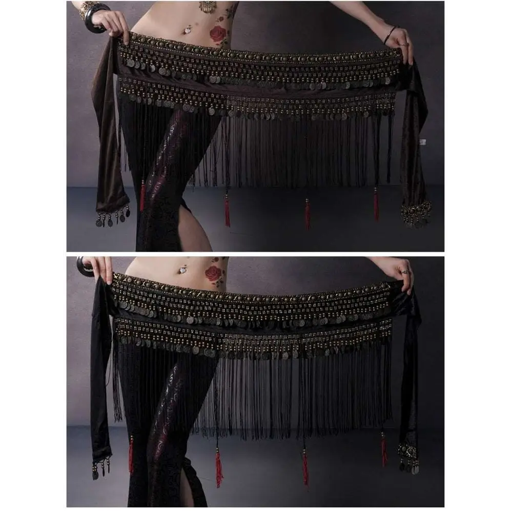 Black beaded belly dance waist scarf with metallic coins beads and red tassels for belly dance performance