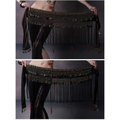 Black beaded belly dance waist scarf with metallic coins beads and red tassels for belly dance performances