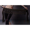 Black beaded belly dance waist scarf with dark brown velvet, metallic coins beads, and red tassels for dance use