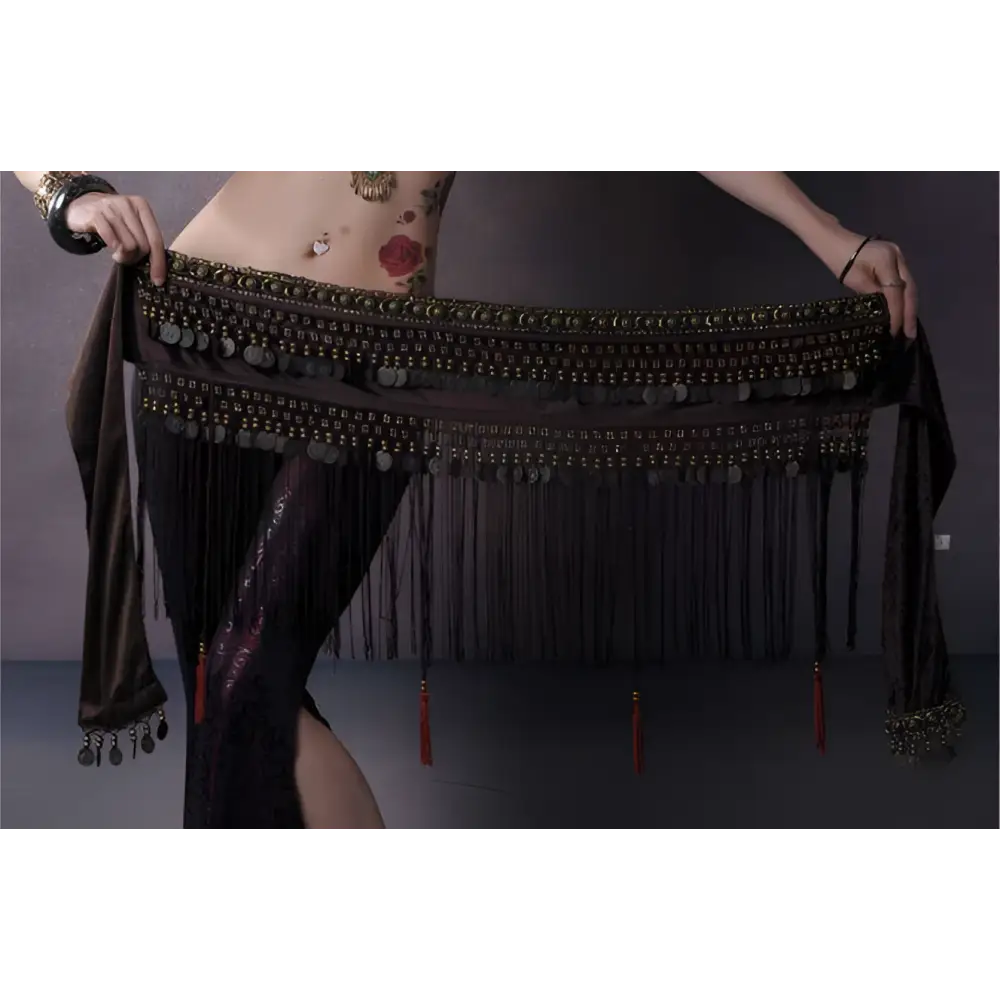 Black beaded belly dance waist scarf with dark brown velvet, metallic coins beads, and red tassels for dance use