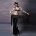 Black beaded belly dance waist scarf featuring metallic coins beads and fringe for elegant dance wear