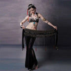 Black beaded belly dance waist scarf featuring metallic coins beads and fringe for elegant dance wear