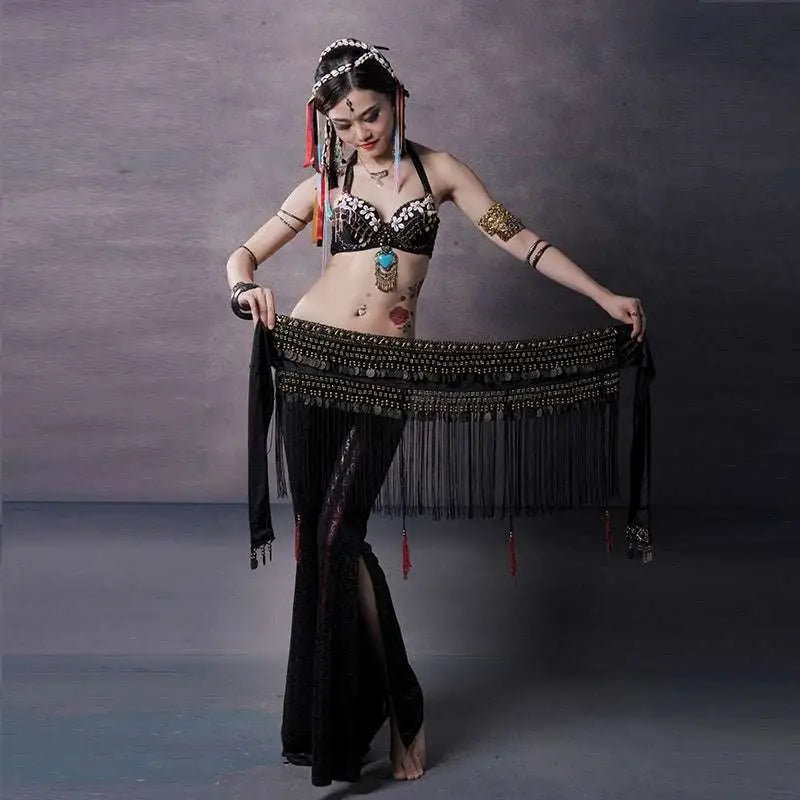 Black beaded belly dance waist scarf featuring metallic coins beads and fringe for elegant dance wear