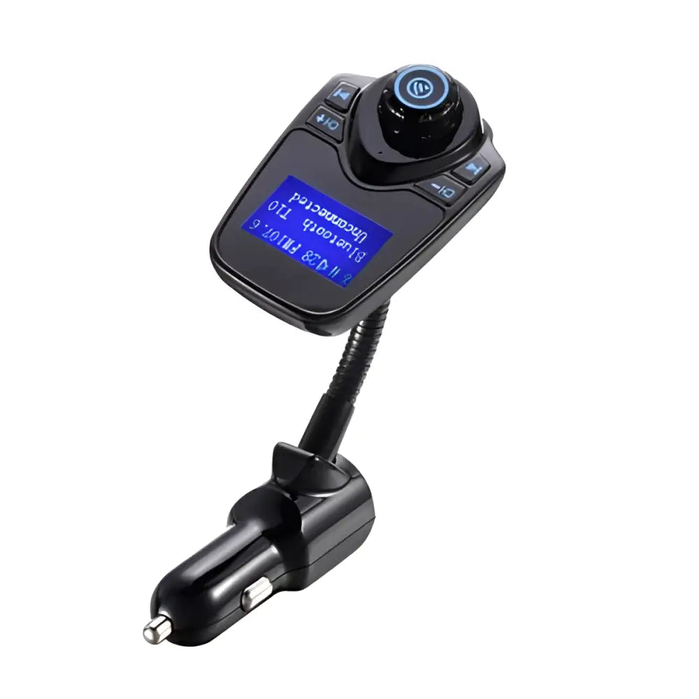 Black bluetooth player car adapter with flexible hose featuring blue lcd screen and control buttons in black casing