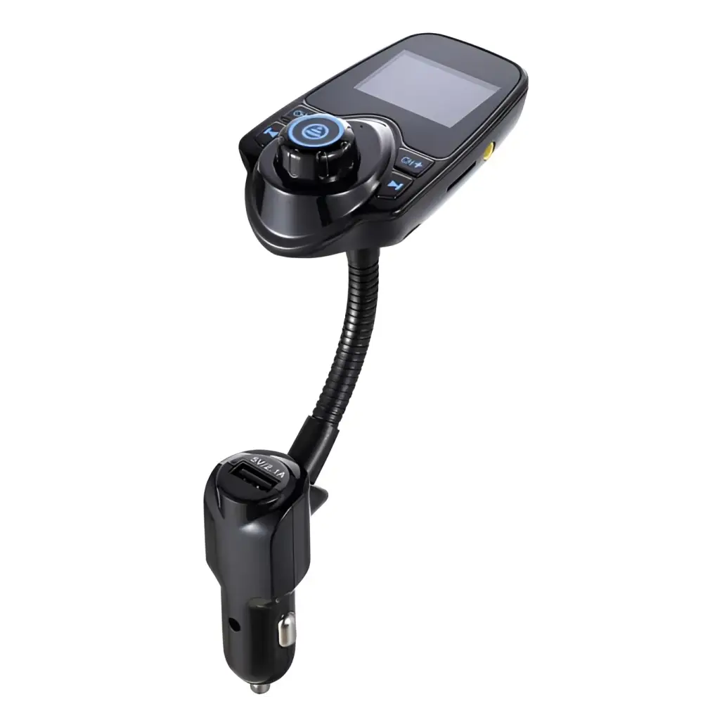 Black bluetooth player car adapter with flexible hose featuring a black gooseneck and usb port for in-car use