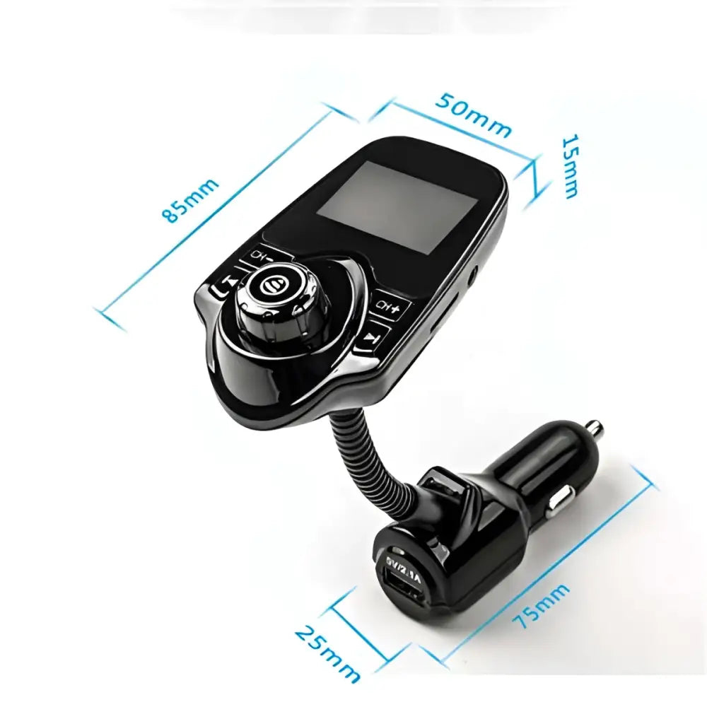Black bluetooth player car adapter with flexible hose featuring black plastic charger, small screen, and control buttons