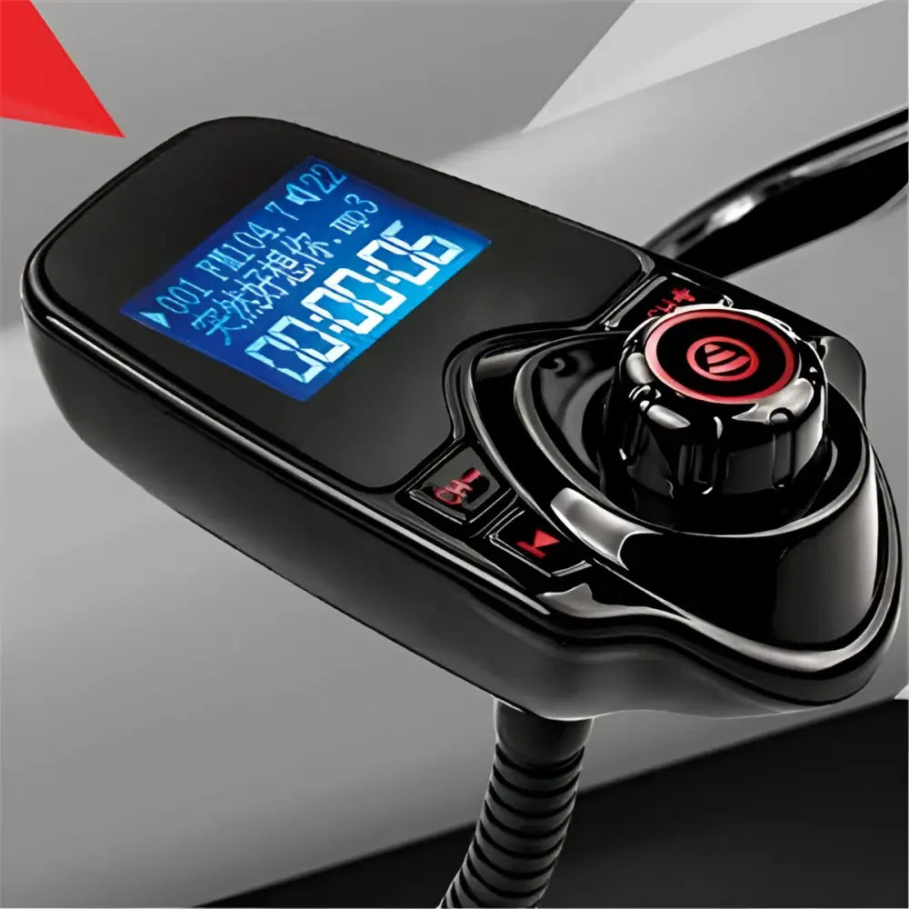Black bluetooth player car adapter with flexible hose and blue-lit buttons for hands-free phone use in vehicles
