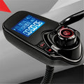 Black bluetooth player car adapter with flexible hose featuring blue digital display and red accent buttons