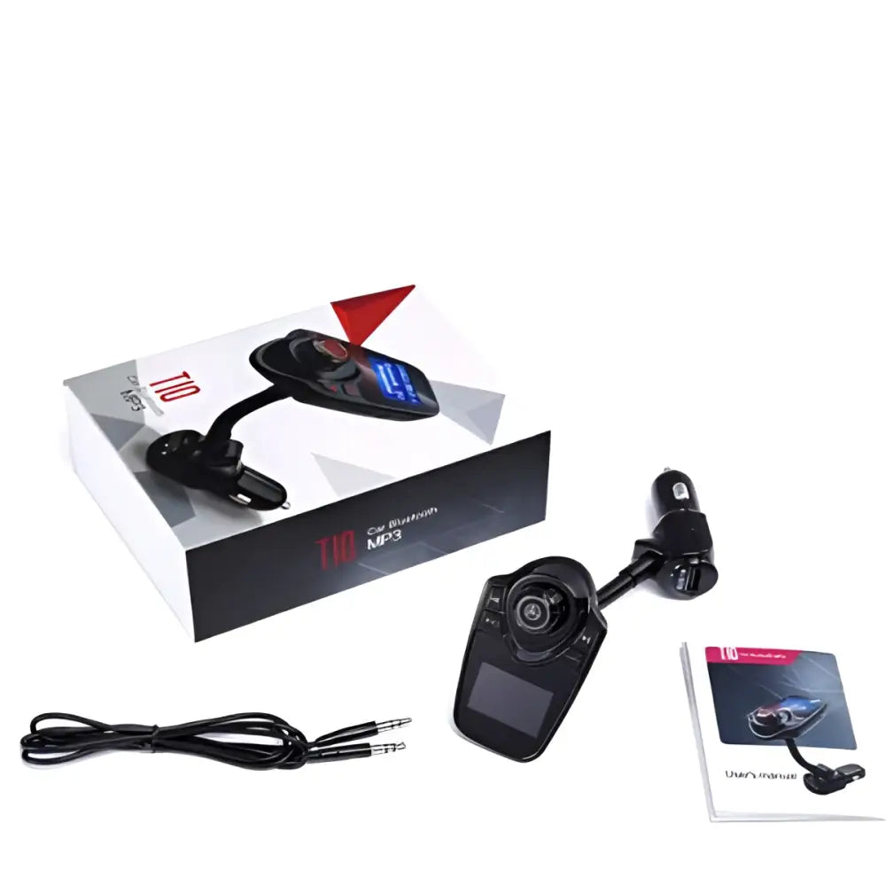 Black bluetooth player car adapter with flexible hose featuring a small screen and control buttons for easy driving use