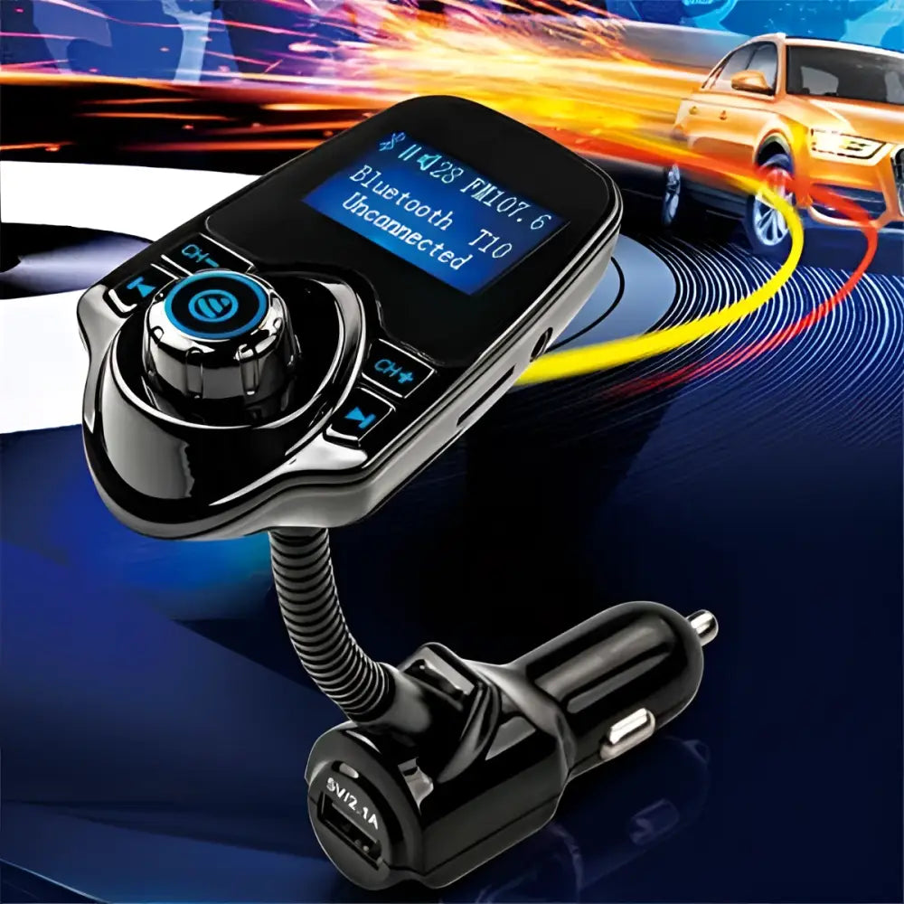 Black bluetooth player car adapter with flexible hose and blue-lit buttons for hands-free phone use in vehicles