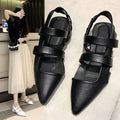 Black braided leather strap sandals with pointed toe and temperament foreign style braided ankle straps