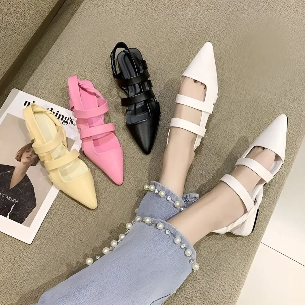 Black braided leather pointed toe slingback flats with temperament foreign style braided strap details